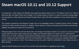 Steam 今年 9 月将停止支持苹果 macOS 10.11/10.12 版本