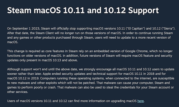 Steam 今年 9 月将停止支持苹果 macOS 10.11/10.12 版本-第1张图片