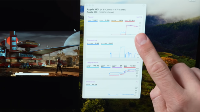 M3 MacBook Air 压力测试出现 114 度的超高温度，有明显的热节流状况-第2张图片
